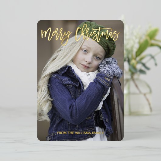 エレガントなゴールドスクリプト メリークリスマス カスタムフォト 箔シーズンカード (立ち正面)