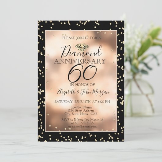 エレガントなゴールドダイヤモンドとコンフェッティの結婚記念日 招待状 (スタンド正面)