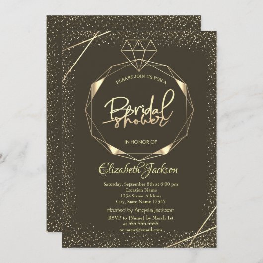 エレガントなゴールドダイヤモンドのコンフェッティ ブライダルシャワー 招待状 (正面/裏面)