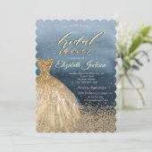 エレガントなゴールドダイヤモンドのドレス ブルー ブライダルシャワー 招待状 (スタンド正面)