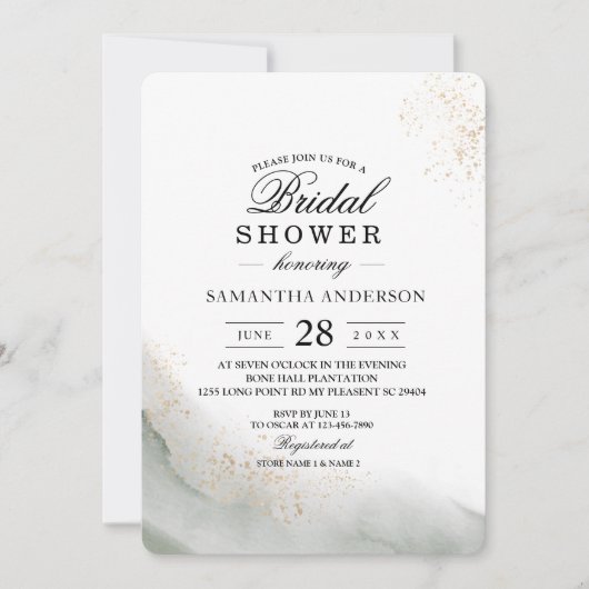 エレガントなゴールドダストとサググリーンのブライダルシャワー 招待状 (正面)