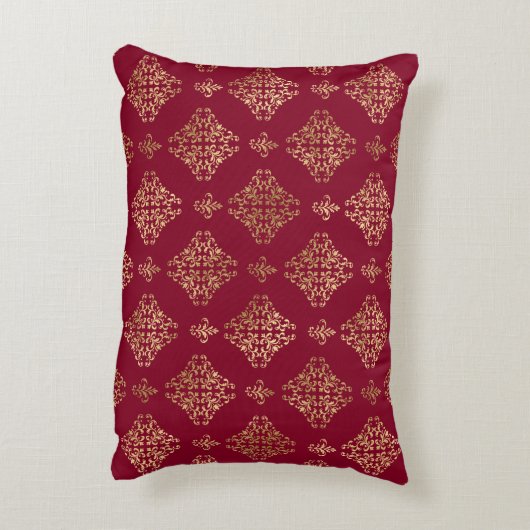 エレガントなゴールドダマスク バーガンディ アクセントクッション (裏面(縦))
