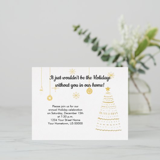 エレガントなゴールドツリーとオーナメントのクリスマスパーティー 箔シーズンポストカード (立ち正面)