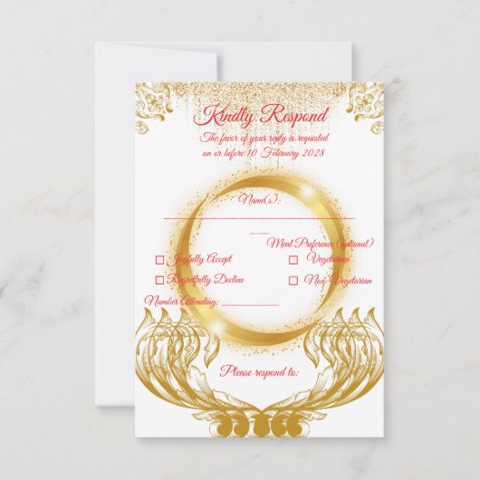 エレガントなゴールドデザインの返信カード(白地) 出欠カード (正面)