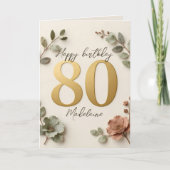 エレガントなゴールドナンバーの植物花80歳の誕生日 カード (正面)