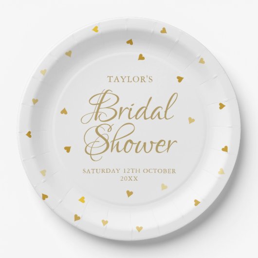 エレガントなゴールドハーツのコンフェッティ ブライダルシャワー ペーパープレート (正面)