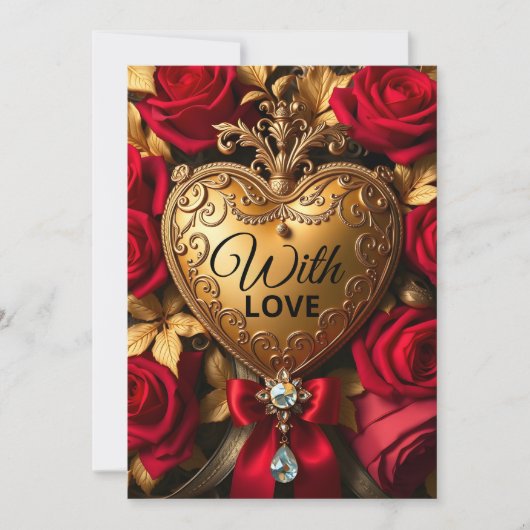 エレガントなゴールドハートに赤いバラと宝石 カード (正面)