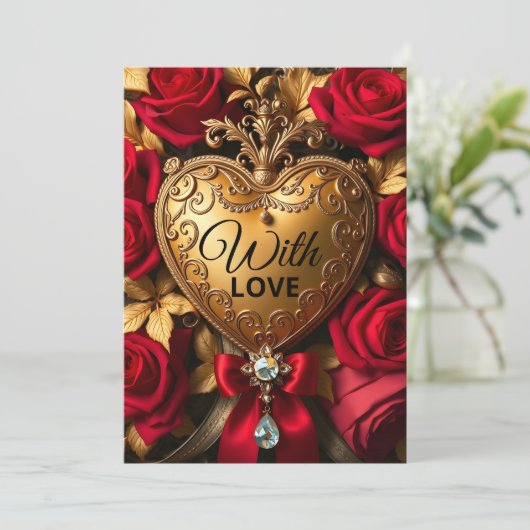 エレガントなゴールドハートに赤いバラと宝石 カード (スタンド正面)