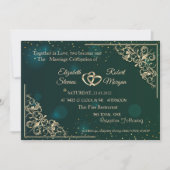 エレガントなゴールドハートフレームのグリーンウェディング 招待状 (正面)