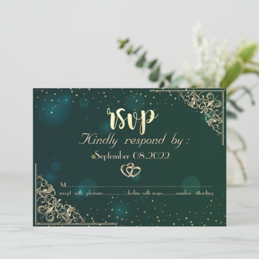 エレガントなゴールドハートフレーム 緑の結婚式 RSVP 招待状 (スタンド正面)