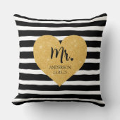 エレガントなゴールドハートブラックストライプ新婚 クッション (正面)
