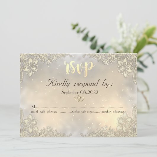 エレガントなゴールドハートレースの結婚式出欠確認カード 招待状 (スタンド正面)