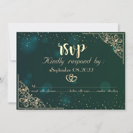 エレガントなゴールドハート フレーム 緑の結婚式 RSVP 招待状 (正面)