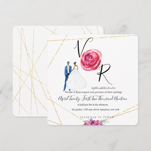 エレガントなゴールドパープルフラワーウェディング招待状 招待状 (正面/裏面)