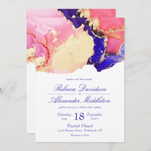 エレガントなゴールドピンクとパープルのインクウォッシュウェディング 招待状 (正面/裏面)