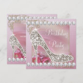 エレガントなゴールドピンクハイヒール靴の誕生日パーティー 招待状 (正面/裏面)