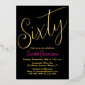 エレガントなゴールドフォイルピンクブラック60th誕生日パーティー 箔招待状 (正面)