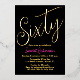 エレガントなゴールドフォイルピンクブラック60th誕生日パーティー 箔招待状