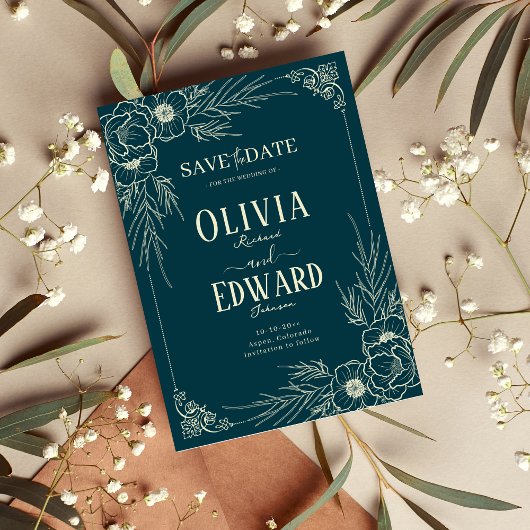 エレガントなゴールドフレームの花のウェディング セーブザデート