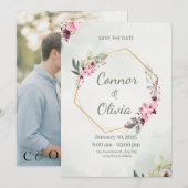 エレガントなゴールドフレームの花のSave The Dateカード セーブザデート (正面/裏面)