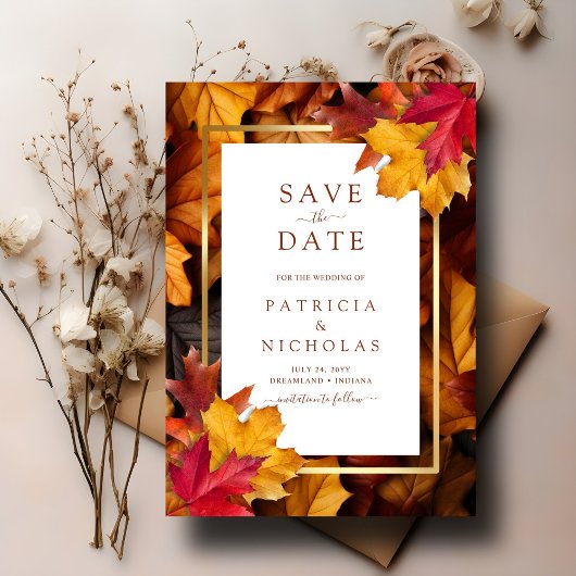 エレガントなゴールドフレーム & ラスティック オータム チャーム ウェディング セーブザデート