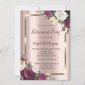 エレガントなゴールドフレーム、ローズゴールド バーガンディ 退職 招待状 (正面)