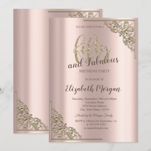 エレガントなゴールドフレーム ローズゴールド 50歳の誕生日パーティー 招待状 (正面/裏面)