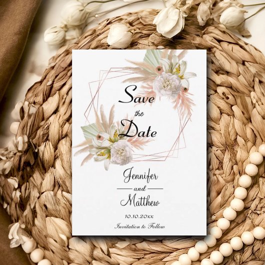 エレガントなゴールドフレーム 白い花のパンパスグラス 5x7" セーブザデート