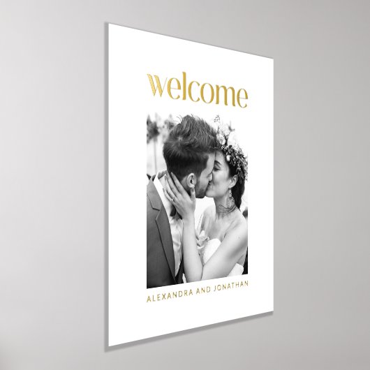 エレガントなゴールドホイルの白い写真 ウェディングウェルカムサイン 箔ポスター (レイダウン)