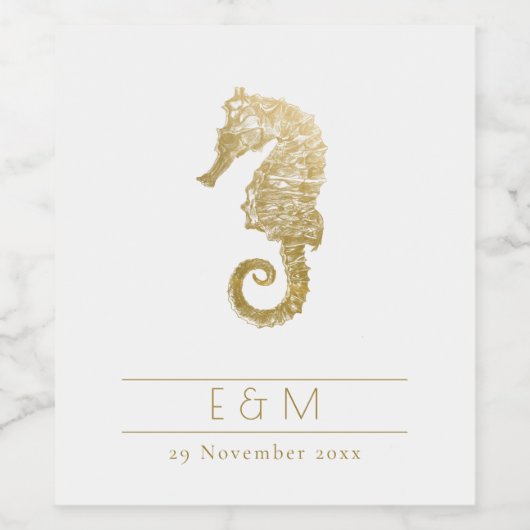 エレガントなゴールドホイル ネイビー シーホース モノグラム ウェディング ワインラベル (シングルラベル)