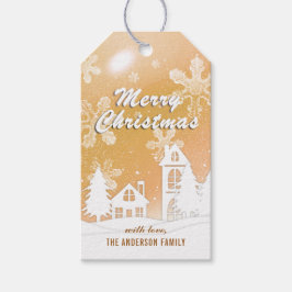 エレガントなゴールドホワイトの雪の家 クリスマス 新年 ギフトタグ