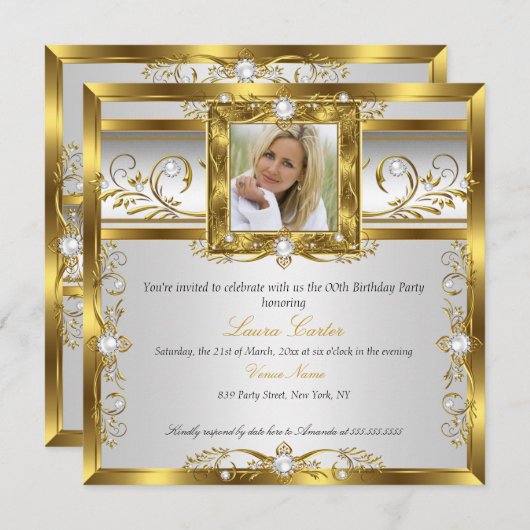 エレガントなゴールドホワイトパール フォト バースデーパーティー 招待状 (正面/裏面)