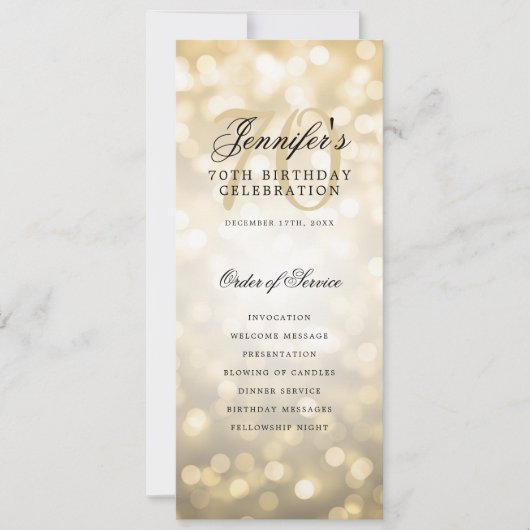 エレガントなゴールドボケ 70歳の誕生日プログラム（メニュー付き） 招待状 (正面)