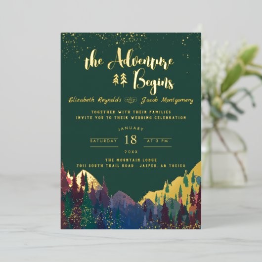 エレガントなゴールドマウンテンウェディング招待状 箔招待状 (立ち正面)