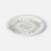 エレガントなゴールドモノグラムグリーンのカップルシャワー ペーパープレート (アングル)