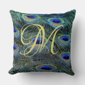 エレガントなゴールドモノグラム カラフルなクジャクの羽 クッション (正面)