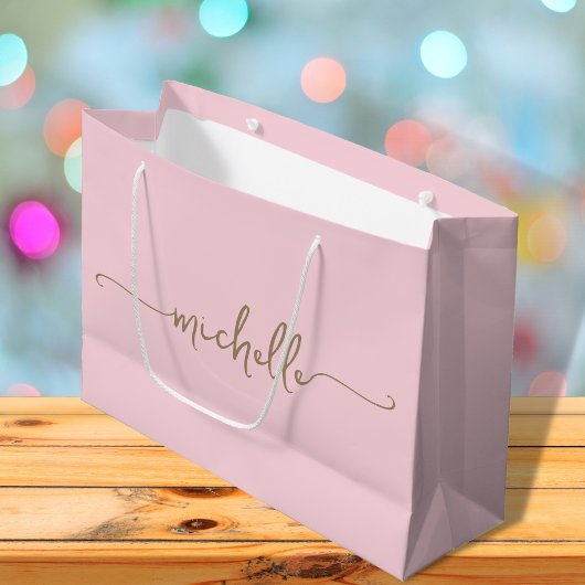 エレガントなゴールドモノグラム ネームスクリプト ブッシュピンク ラージペーパーバッグ