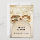エレガントなゴールドリングのイスラム教式結婚式招待状 招待状 (正面)