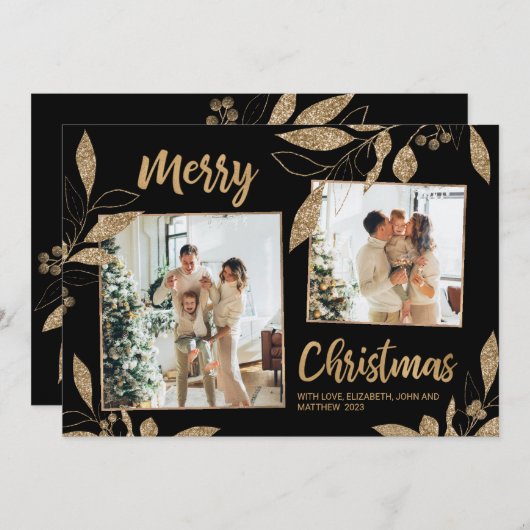エレガントなゴールドリーフ2枚の写真コラージュクリスマスカード (正面/裏面)
