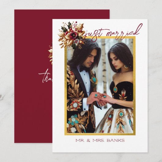 エレガントなゴールドリーフ ウェディング フォト 感謝カード 招待状 (正面/裏面)