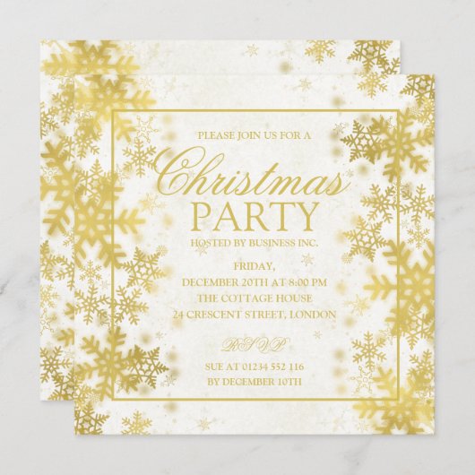 エレガントなゴールド箔の雪の結晶クリスマスパーティー 招待状 (正面/裏面)