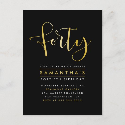 エレガントなゴールド箔 40歳の誕生日パーティー招待状 インビテーションポストカード (正面)