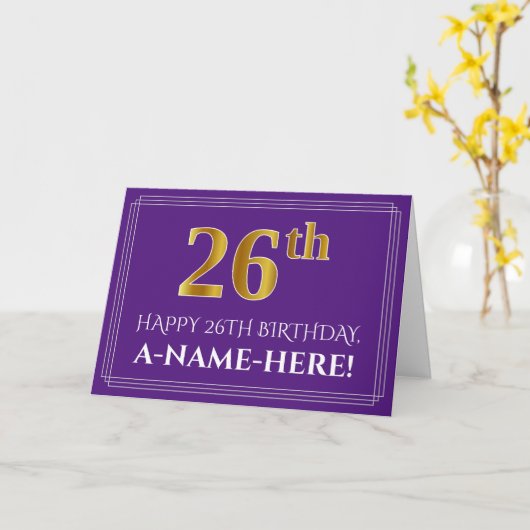 エレガントなゴールド調 26歳の誕生日 名前; 紫 カード (黄色い花)