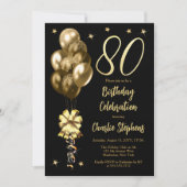 エレガントなゴールド風船のブラック 80歳の誕生日パーティー 招待状 (正面)