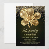 エレガントなゴールド風船 ブラック 10歳の誕生日パーティー 招待状 (正面/裏面)