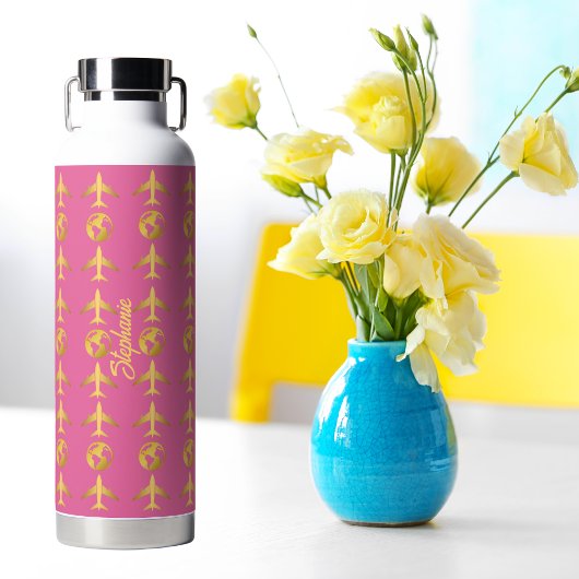 エレガントなゴールド飛行機と世界地図のピンク ミニマル デザイン,エレガントなゴールド飛行機と世界地 ウォーターボトル