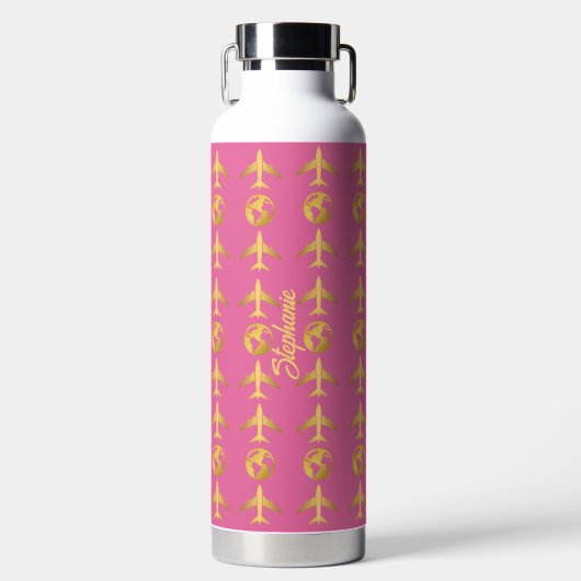 エレガントなゴールド飛行機と世界地図のピンク ミニマル デザイン,エレガントなゴールド飛行機と世界地 ウォーターボトル (正面)