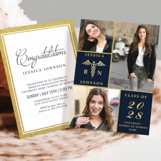 エレガントなゴールド3 フォト 看護学部 卒業パーティー 招待状