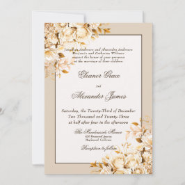 エレガントなゴールド＆アイボリーの花モチーフのフォーマルな結婚式 招待状