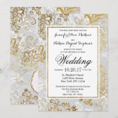 エレガントなゴールド、シルバー、グレーの花柄のウェディング招待状 招待状 (正面/裏面)